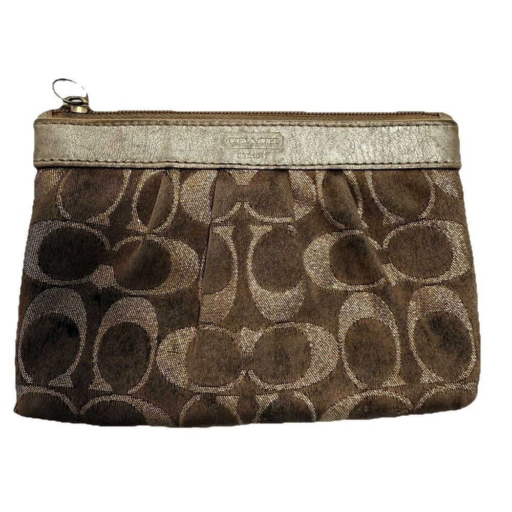 COACH BROWN GOLD FABRIC LEATHER SIGNATURE ZIP  WALLET COIN PURSE VINTAGE Y2K - Picture 2 of 8